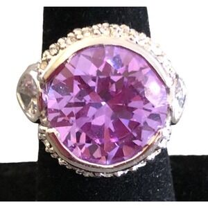 Amethyst White Topaz CZ Silver Tone Statement Ring Size 8.5 Presidium Tested